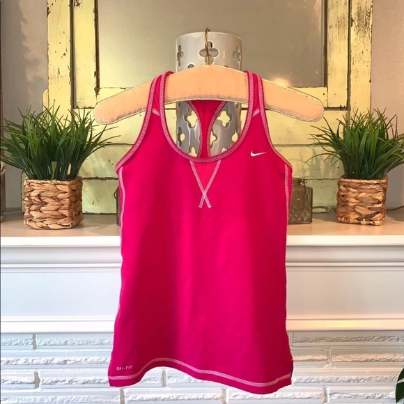 Nike DRI FIT Pink Racerback Activewear Tank with Bra White Stitching Size M - Picture 1 of 5